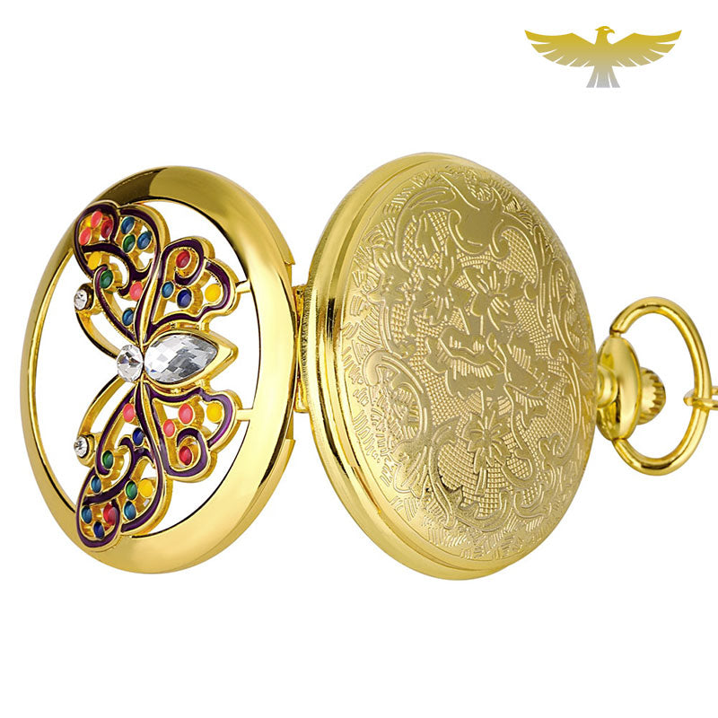 Montre Gousset Quartz Vintage Steampunk Papillon – Homme Femme, Chaîne Longue & Collier, Style Rétro Élégant