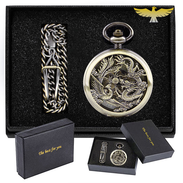 Coffret montre à gousset dragon & phénix mécanique - montre-de-poche-gousset - animal, bronze, coffret, montre gousset, mécanique, vintage
