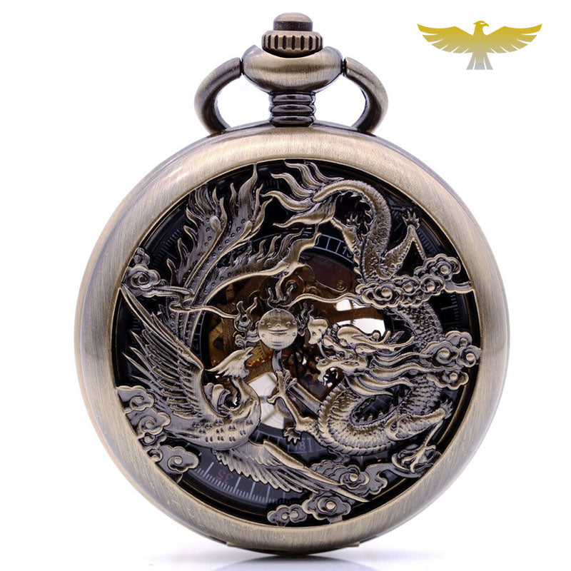 Coffret montre à gousset dragon & phénix mécanique - montre-de-poche-gousset - animal, bronze, coffret, montre gousset, mécanique, vintage