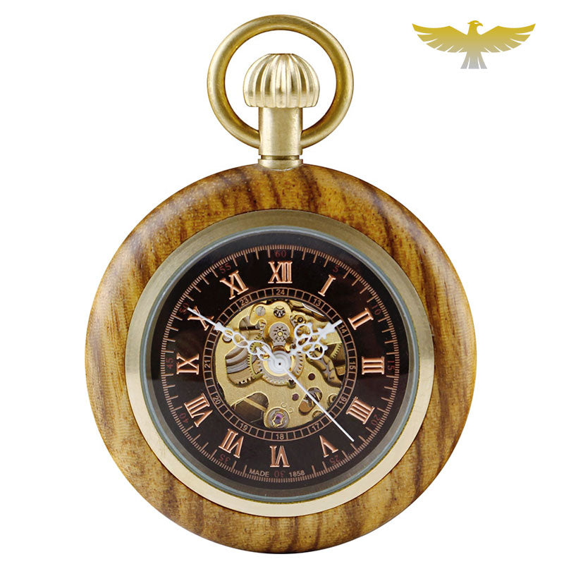 Coffret montre à gousset en bois mécanique - montre-de-poche-gousset - bois, cadran-ouvert, coffret, moderne, montre gousset, mécanique, open-face, sélection, vintage