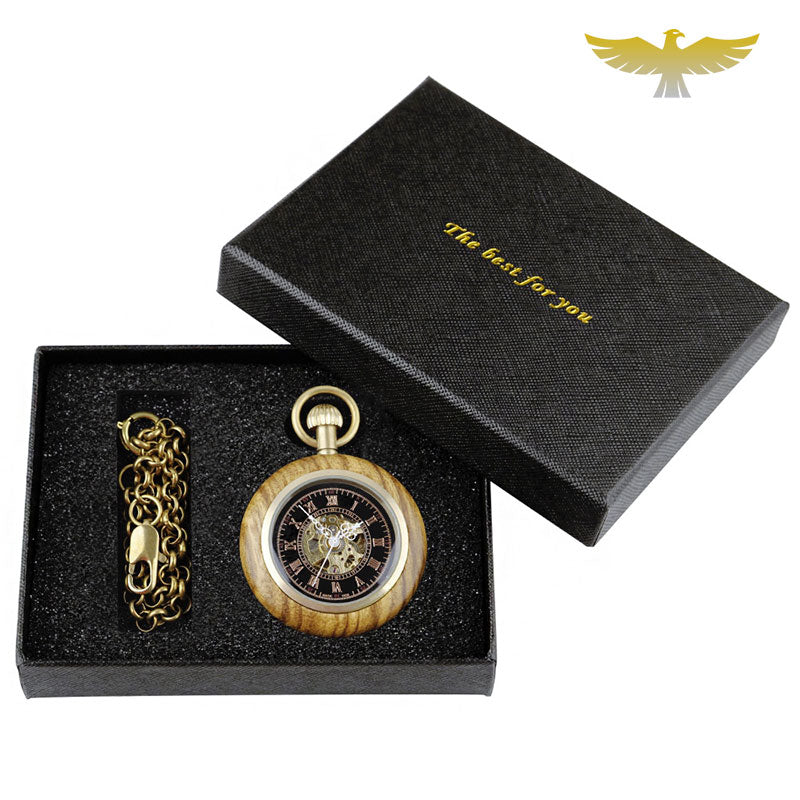 Coffret montre à gousset en bois mécanique - montre-de-poche-gousset - bois, cadran-ouvert, coffret, moderne, montre gousset, mécanique, open-face, sélection, vintage