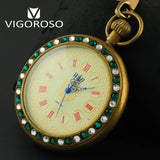Montre Gousset Mécanique Vintage Cuivre Diamants Émeraude - montre-de-poche-gousset