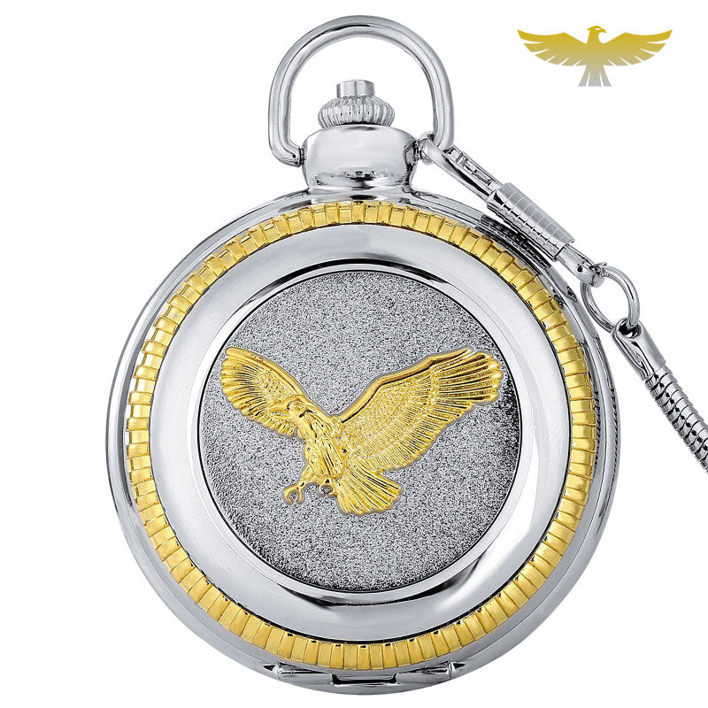 Montre Gousset Vintage Motif Aigle - Boîtier Doré 45mm - Mouvement Quartz - Chaînette Dorée