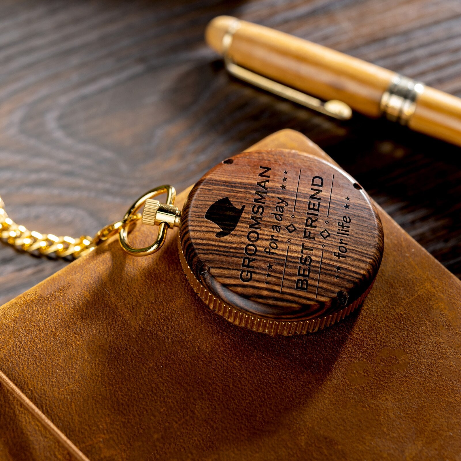 Montre à gousset personnalisée en bois avec support gravure