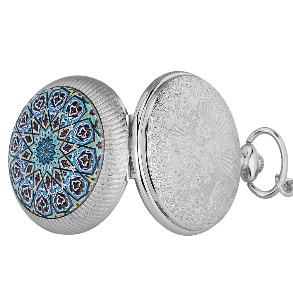 Montre collier à Fleur Bleue et argent - montre-de-poche-gousset