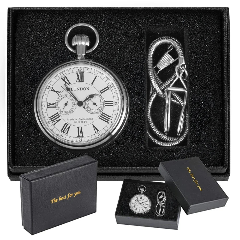 Coffret montre à gousset mécanique automatique argent cadran ouvert
