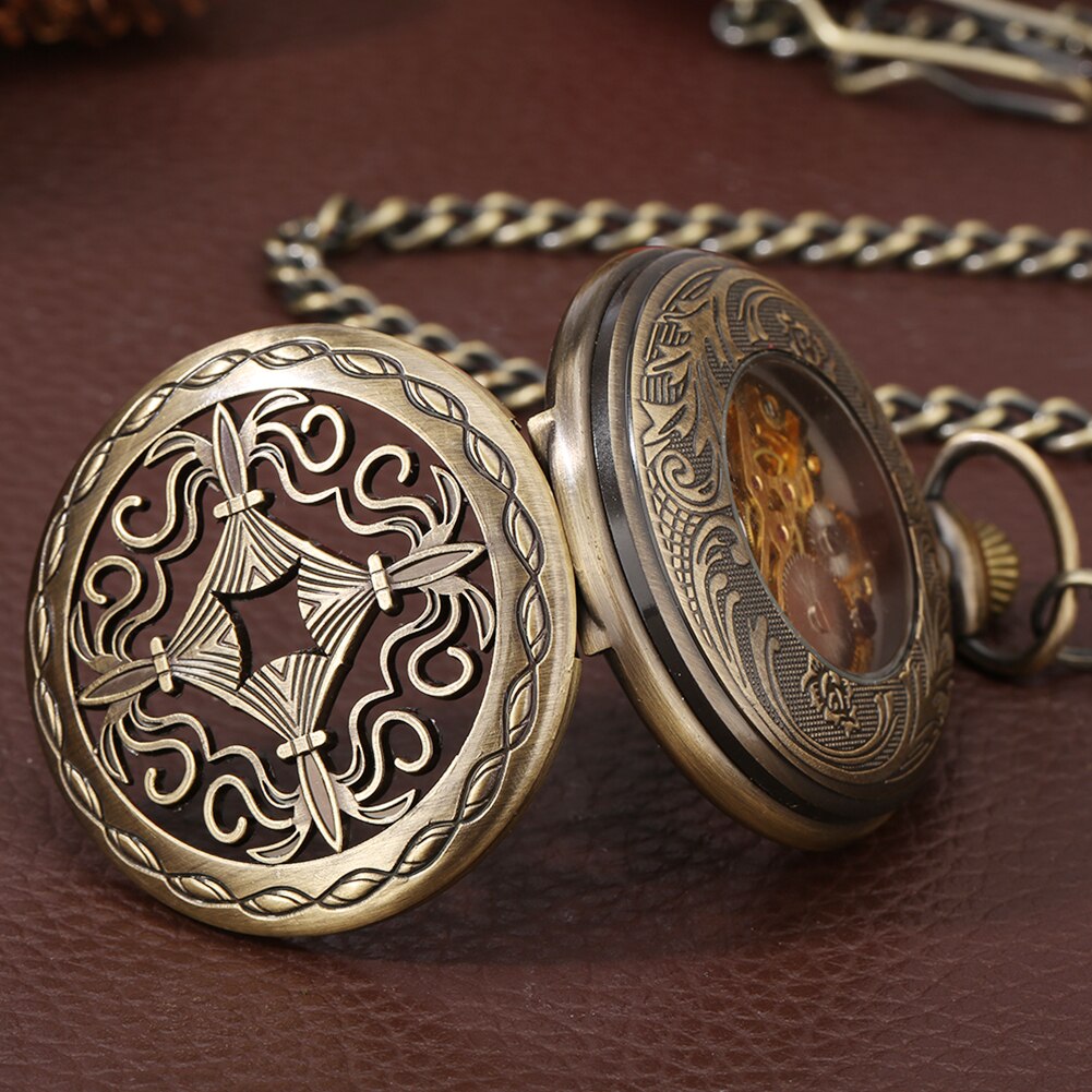 Montre Gousset Mécanique TREEWETO - Boîtier Squelette En Bronze Avec Chaîne - Style Steampunk Vintage - Cadeau Original