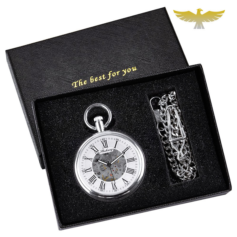 Coffret montre à gousset mécanique automatique argent cadran ouvert - montre-de-poche-gousset - argent, automatique, cadran-ouvert, coffret, luxe, mecanique, montre gousset, open-face, Papa, sélection