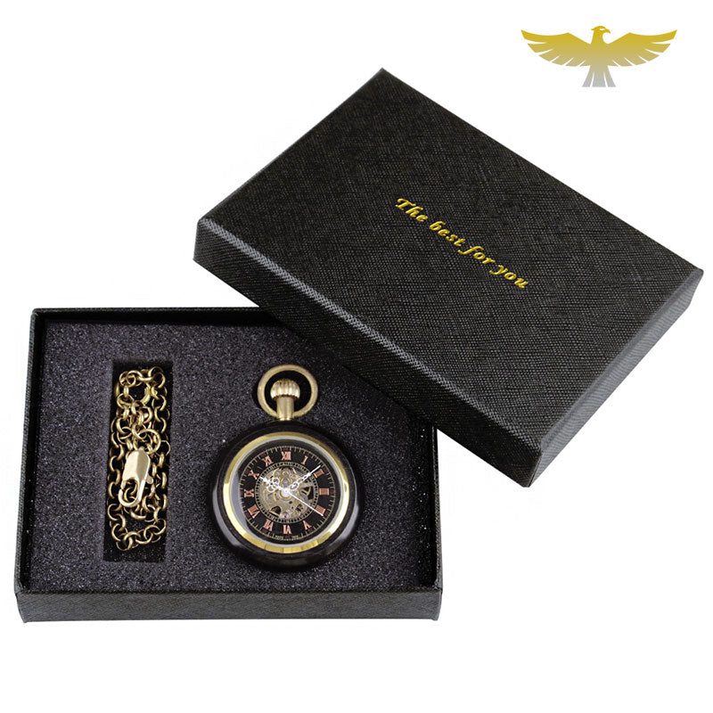 Coffret montre à gousset mécanique en bois noir - montre-de-poche-gousset - bois, cadran-ouvert, coffret, mecanique, moderne, montre gousset, noir, open-face