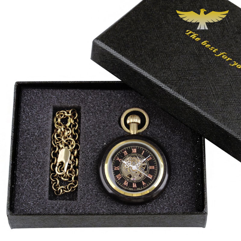 Coffret montre à gousset mécanique en bois noir - montre-de-poche-gousset - bois, cadran-ouvert, coffret, mecanique, moderne, montre gousset, noir, open-face