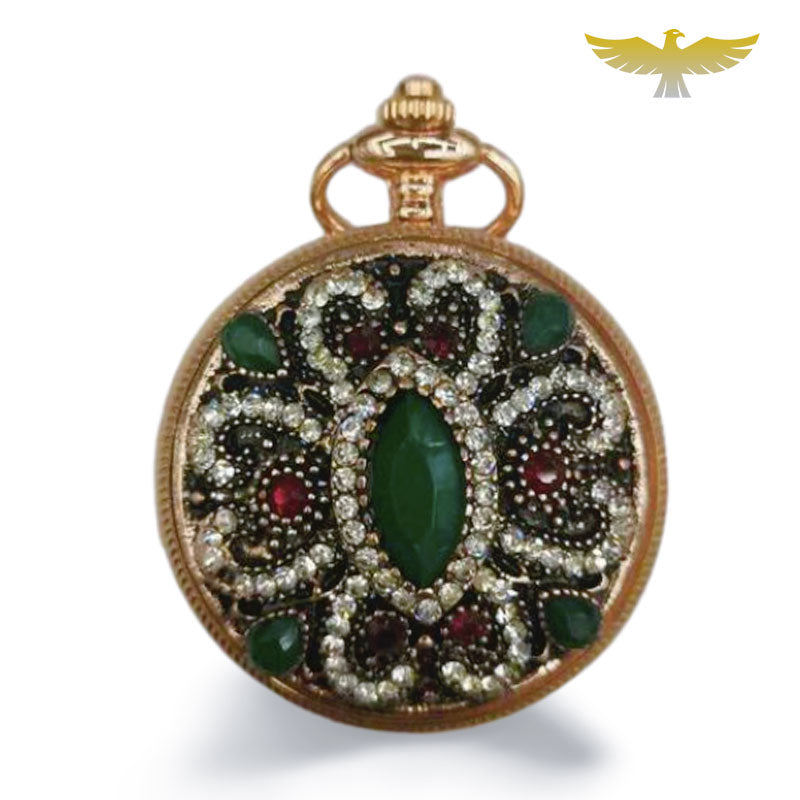 Montre à gousset collier pendentif or et pierres - montre-de-poche-gousset - chic, collier, fleur, montre gousset, or, pierres, quartz