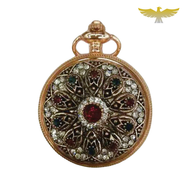 Montre à gousset collier pendentif or et pierres - montre-de-poche-gousset - chic, collier, fleur, montre gousset, or, pierres, quartz