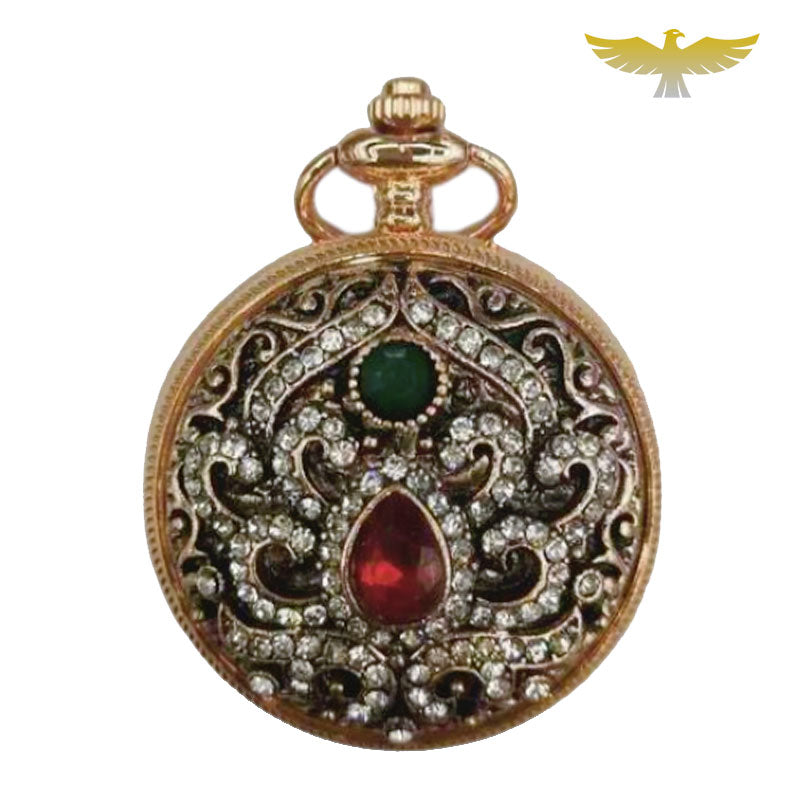 Montre à gousset collier pendentif or et pierres - montre-de-poche-gousset - chic, collier, fleur, montre gousset, or, pierres, quartz