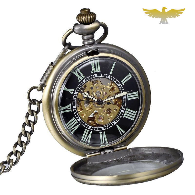 Montre à gousset mécanique automatique lumineuse - montre-de-poche-gousset - automatique, bronze, cadran-ouvert, lumineuse, lumineux, noir, open-face, vintage