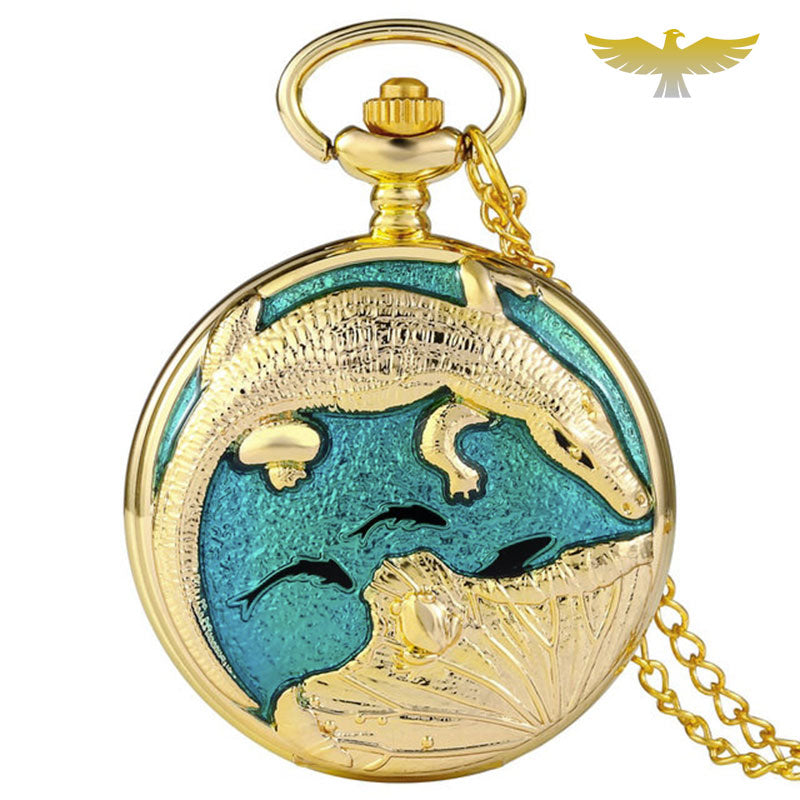 Montre à gousset poisson bleu avec perle blanche - montre-de-poche-gousset - animal, chic, collier, fantaisie, femme, grand, montre gousset, or, pierres, quartz