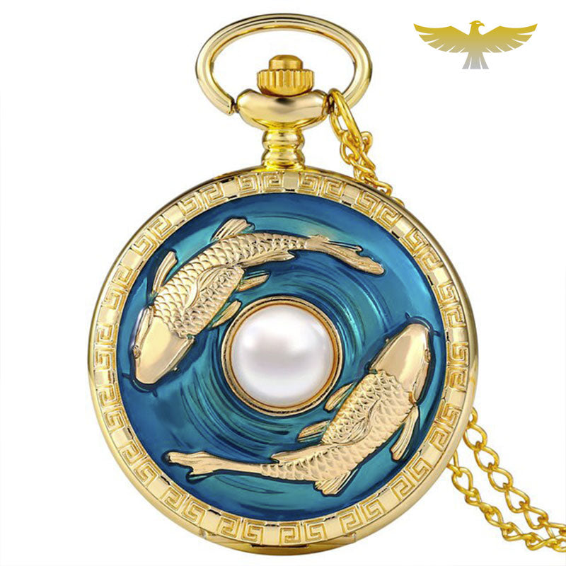 Montre à gousset poisson bleu avec perle blanche - montre-de-poche-gousset - animal, chic, collier, fantaisie, femme, grand, montre gousset, or, pierres, quartz