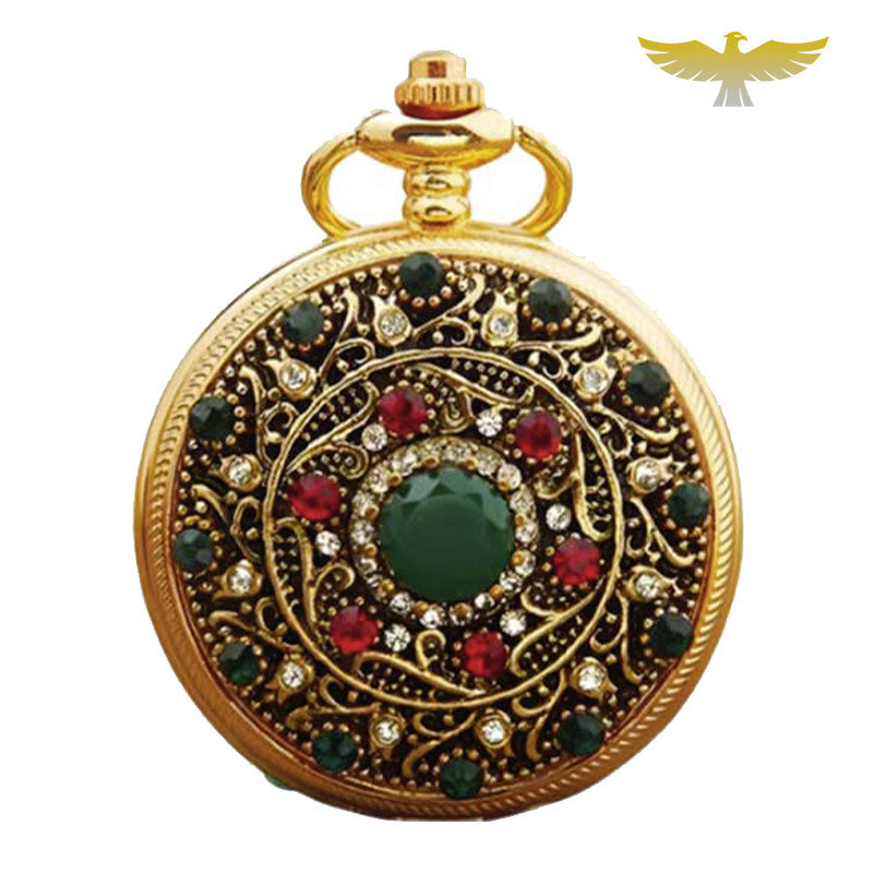 Montre de poche collier or et pierres - montre-de-poche-gousset - chic, collier, fleur, montre gousset, or, pierres, quartz