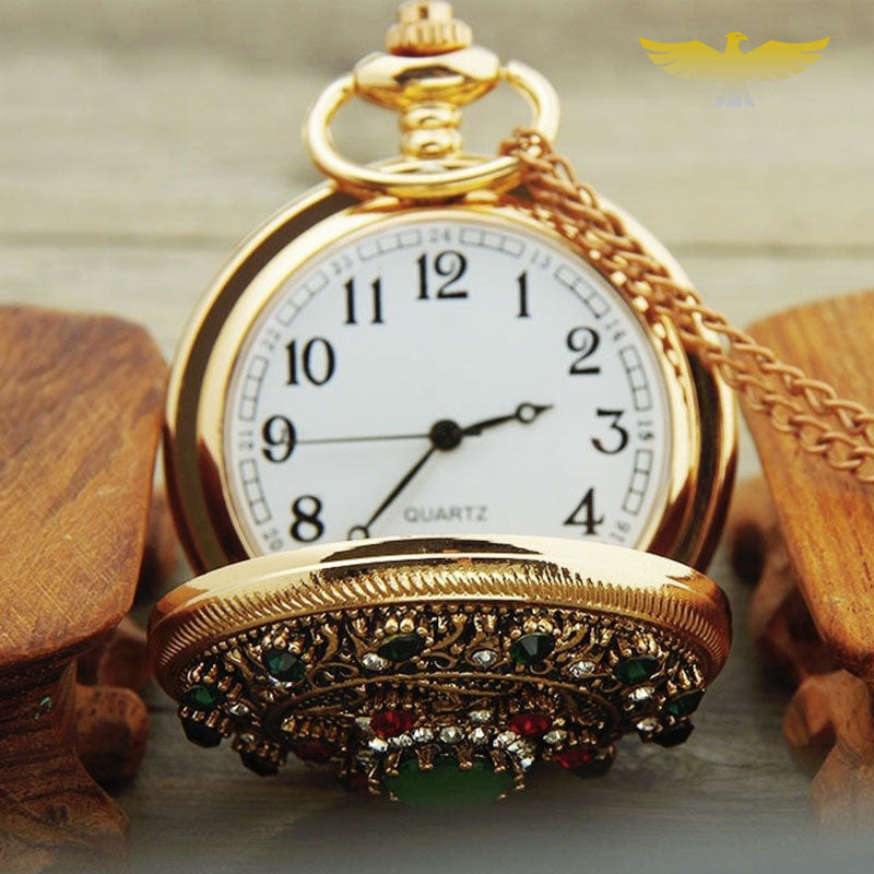 Montre de poche collier or et pierres - montre-de-poche-gousset - chic, collier, fleur, montre gousset, or, pierres, quartz