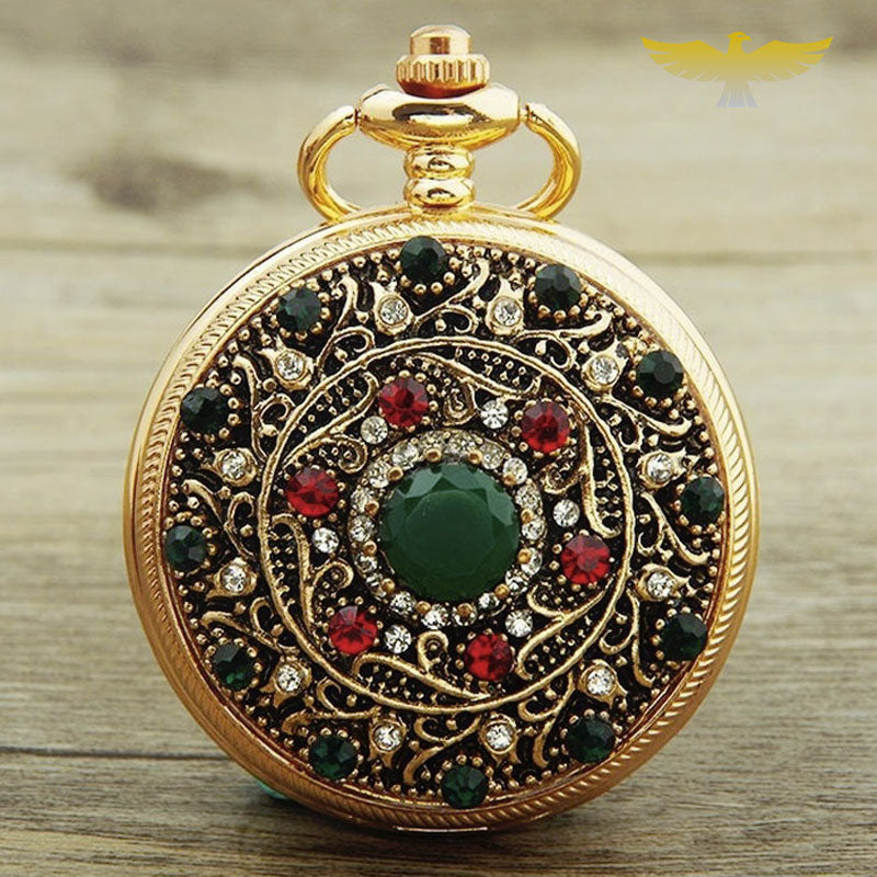 Montre de poche collier or et pierres - montre-de-poche-gousset - chic, collier, fleur, montre gousset, or, pierres, quartz