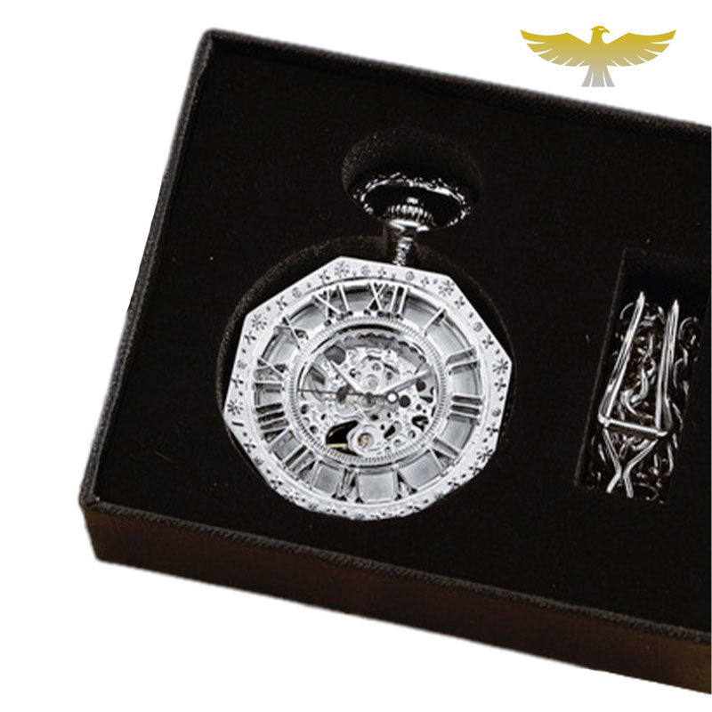 Coffret montre a gousset squelette - montre-de-poche-gousset - argent, coffret, demi-chasseur, half-hunter, montre gousset, mécanique, squelette