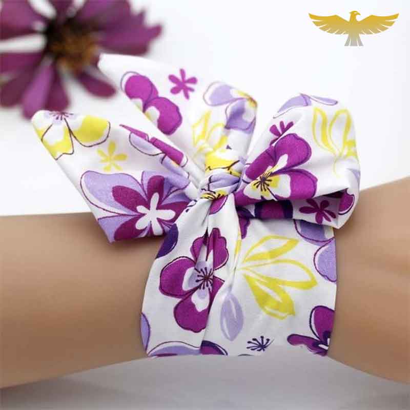 BRACELET FOULARD À FLEURS VIOLETTES ET JAUNES