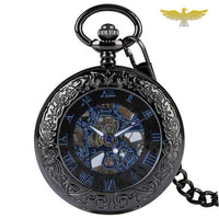 Montre à gousset mécanique transparente noire et bleue