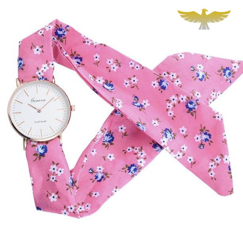 Montre avec bracelet foulard rose à fleurs bleues