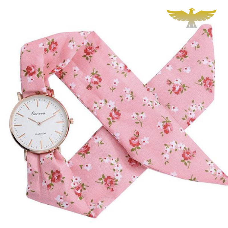 Montre avec bracelet foulard rosé à fleurs