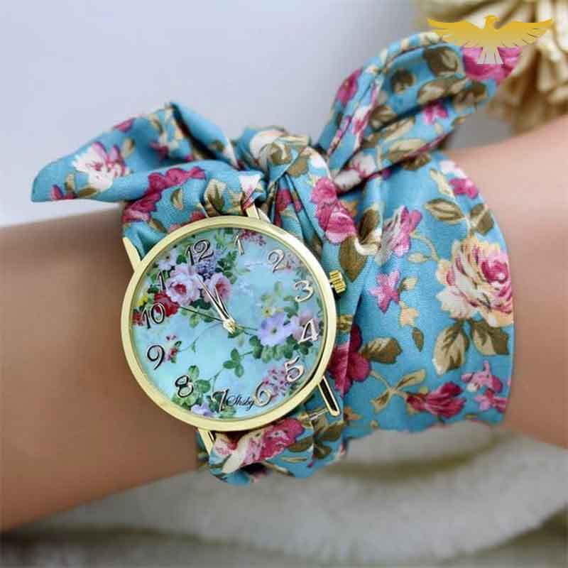 MONTRE BRACELET FOULARD TURQUOISE ET ROSES