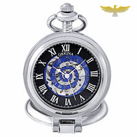 Montre de poche mécanique squelette bleu argent
