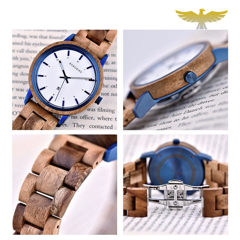 Montre en bois femme à quartz chêne clair marinière