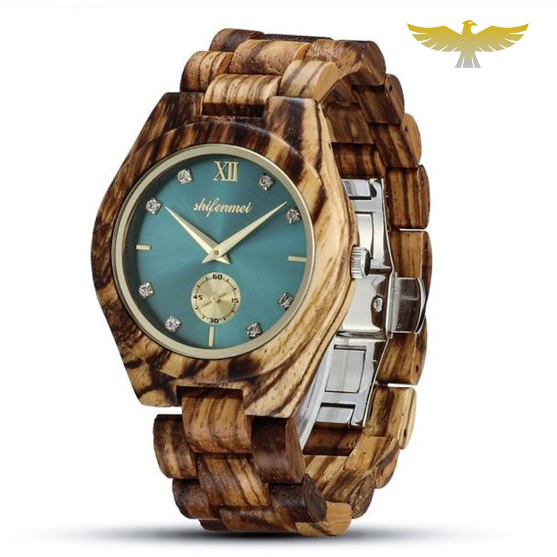 Montre en bois femme à quartz et diamants