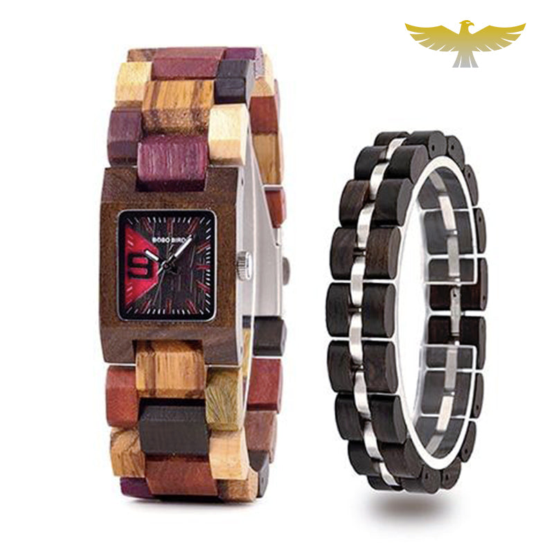 Montre en bois femme à quartz + bracelet assorti