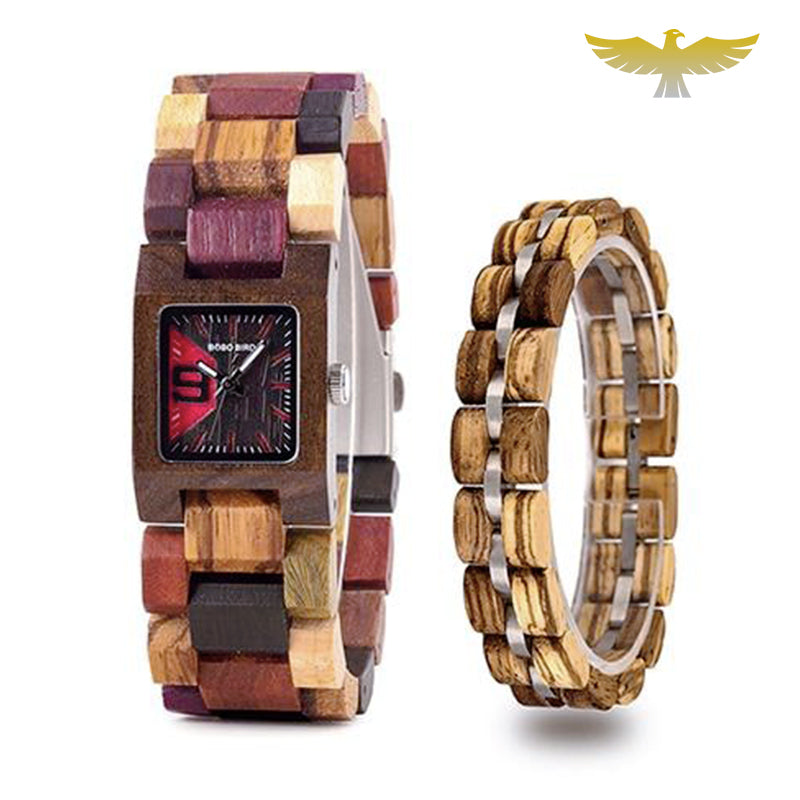 Montre en bois femme à quartz + bracelet assorti