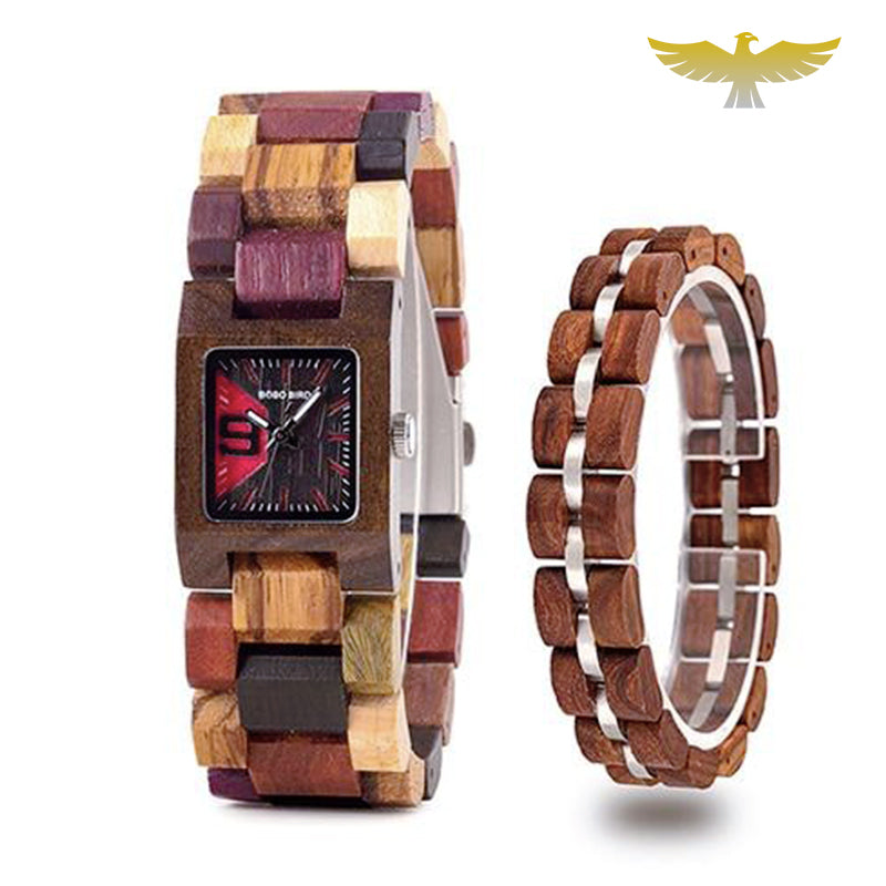 Montre en bois femme à quartz + bracelet assorti