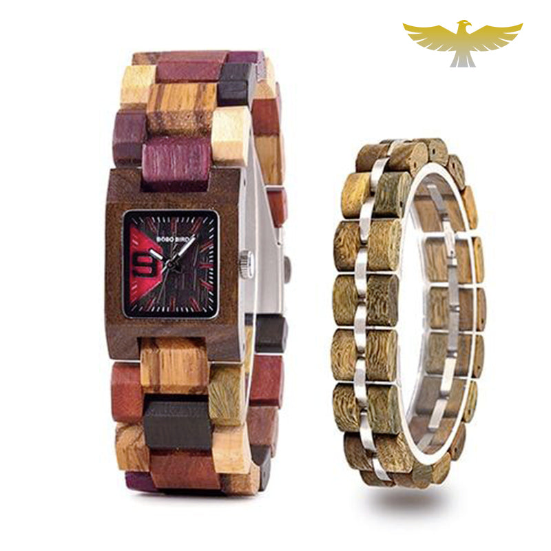 Montre en bois femme à quartz + bracelet assorti