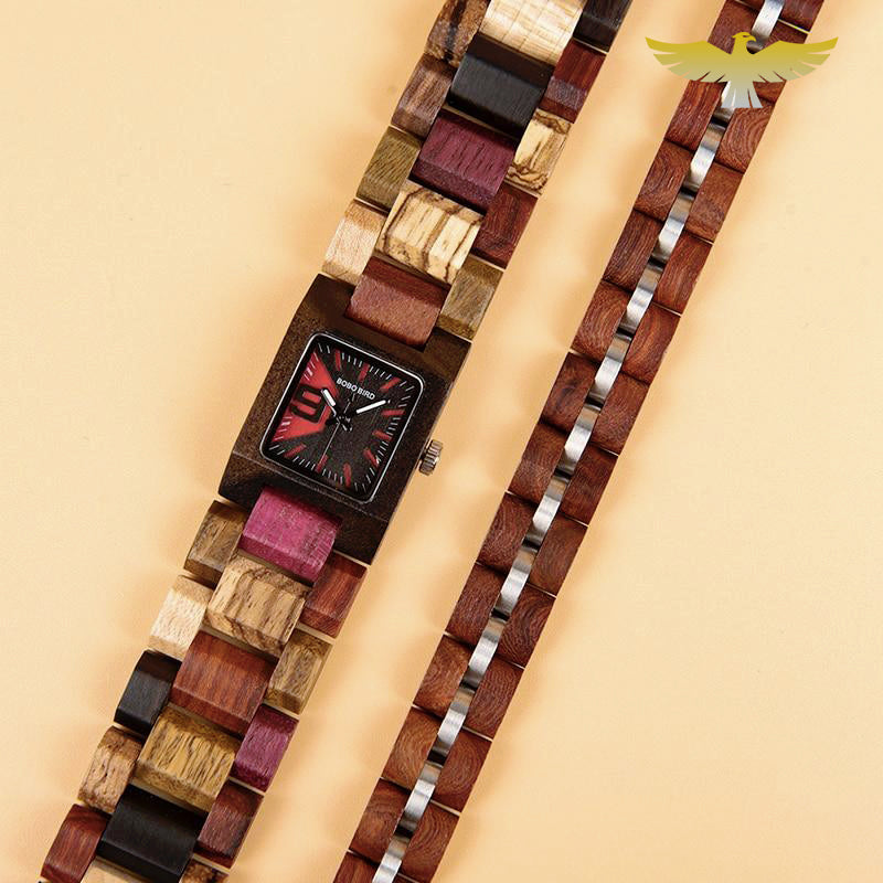 Montre en bois femme à quartz + bracelet assorti