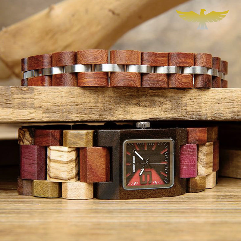 Montre en bois femme à quartz + bracelet assorti