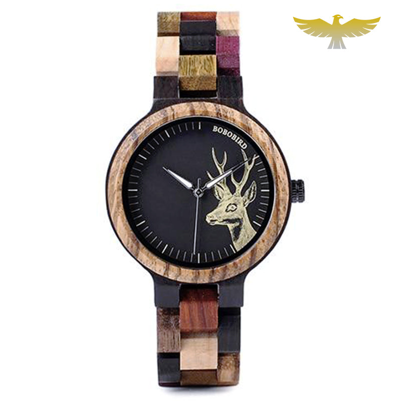 Montre en bois femme motif cerf à quartz