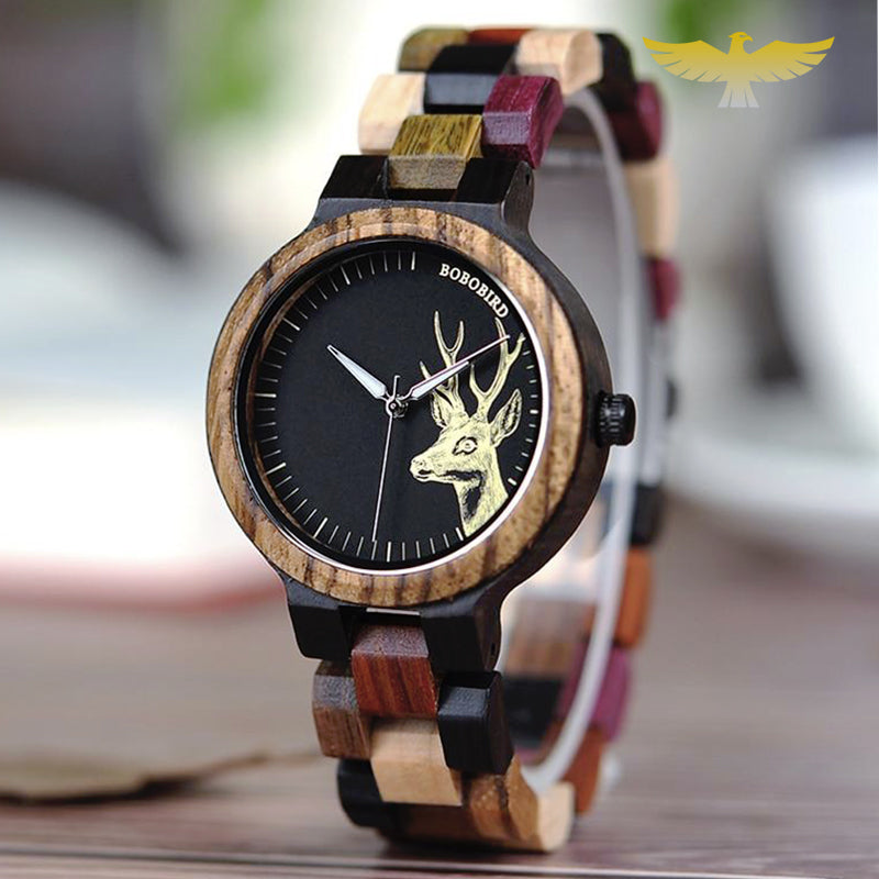 Montre en bois femme motif cerf à quartz