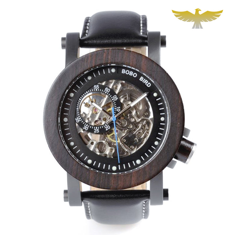 Montre en bois homme automatique chronographe bracelet cuir