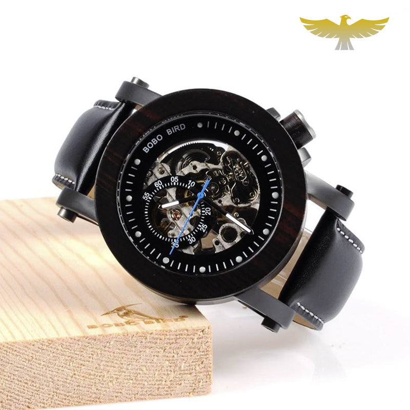 Montre en bois homme automatique chronographe bracelet cuir