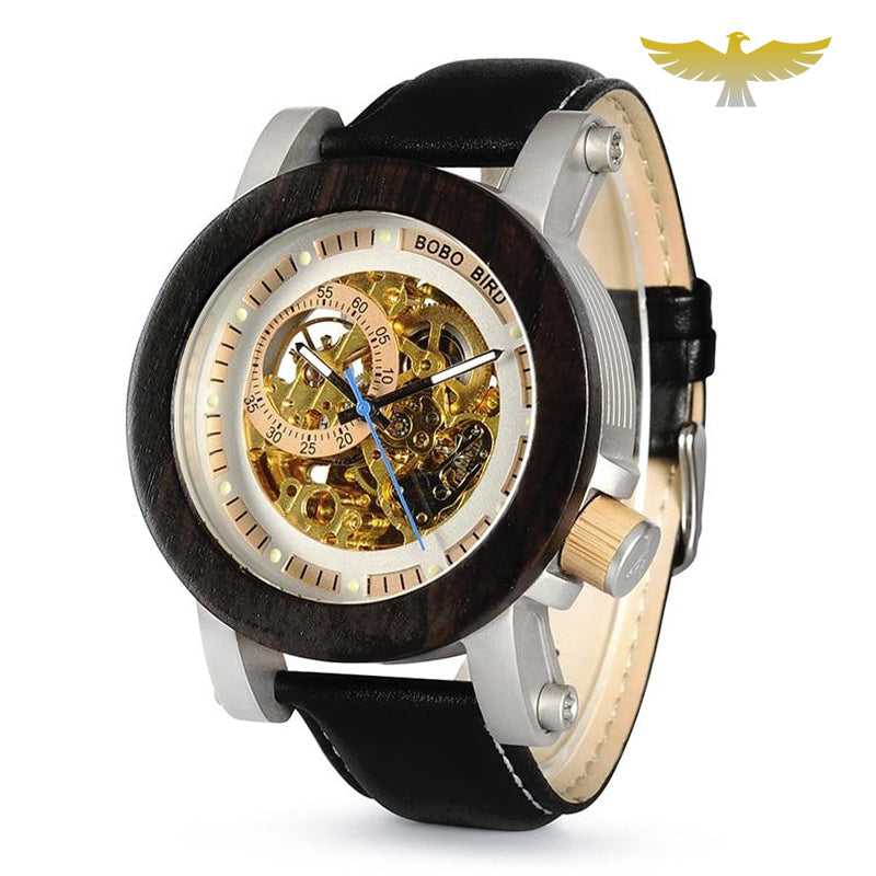 Montre en bois homme automatique or squelette