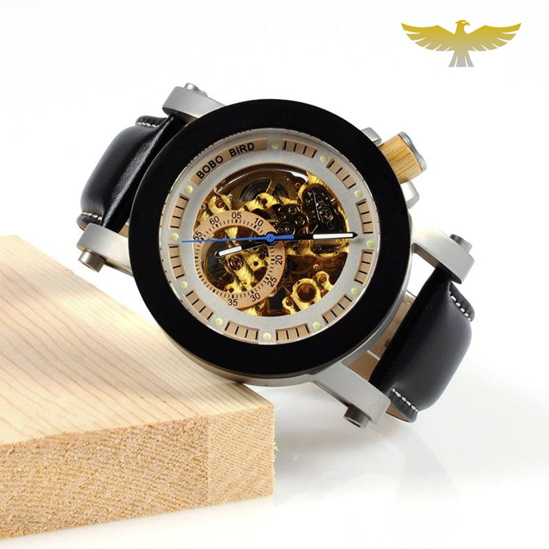 Montre en bois homme automatique or squelette