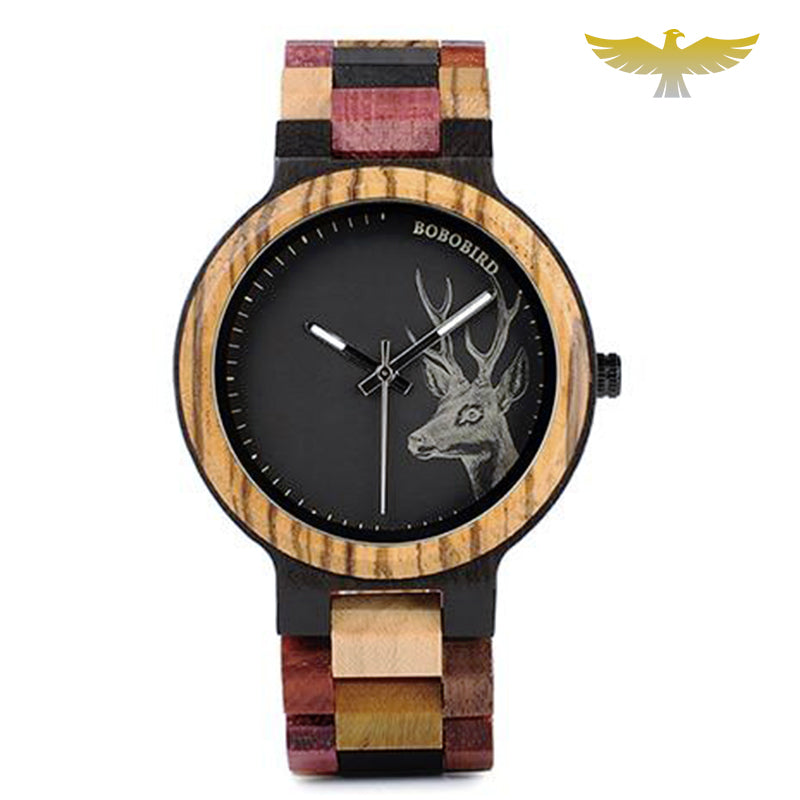 Montre en bois homme motif cerf à quartz