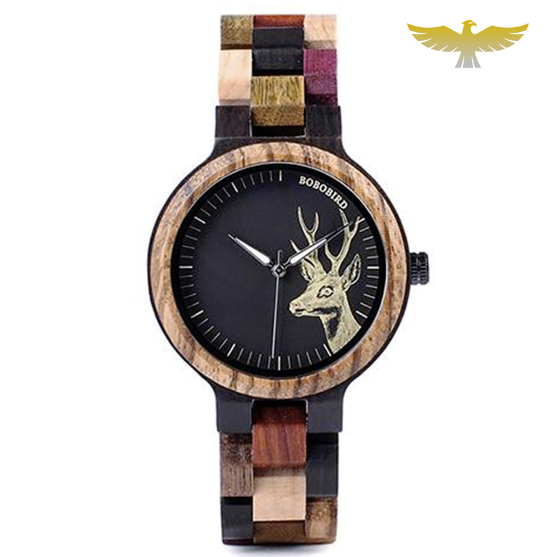 Montre en bois homme motif cerf à quartz