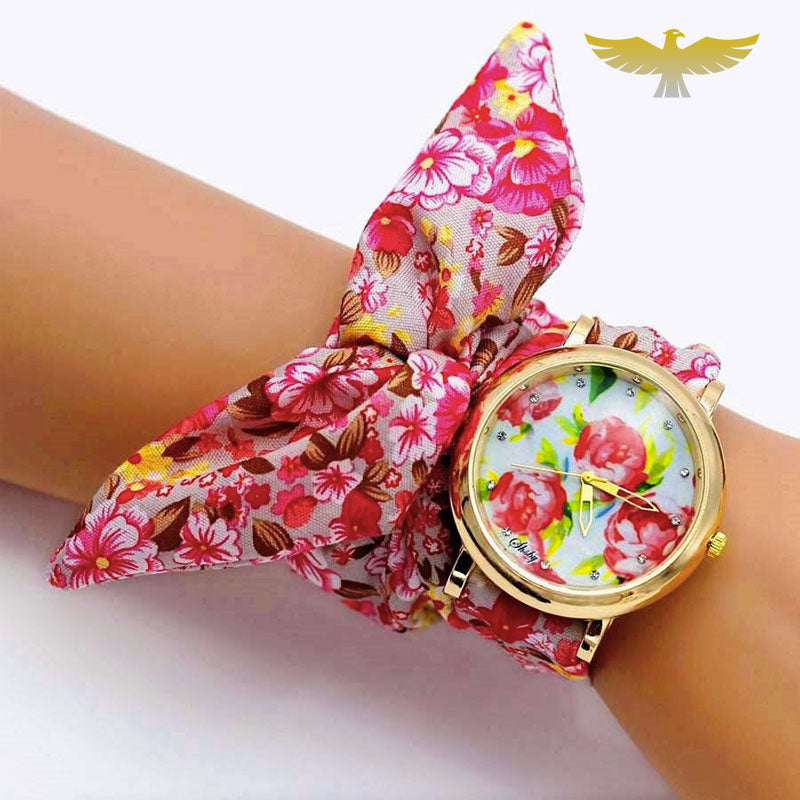 MONTRE FOULARD ROSE À FLEURS ROUGE