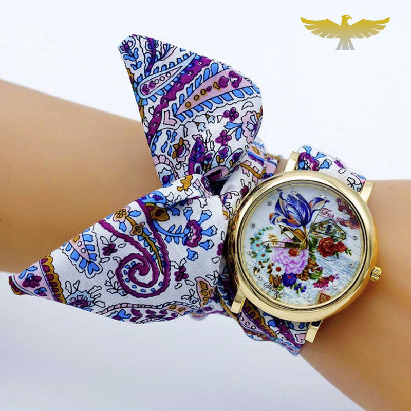 Montre foulard tissu bleu papillon