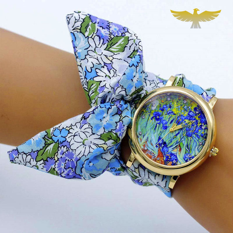 Montre foulard tissu bleu papillon