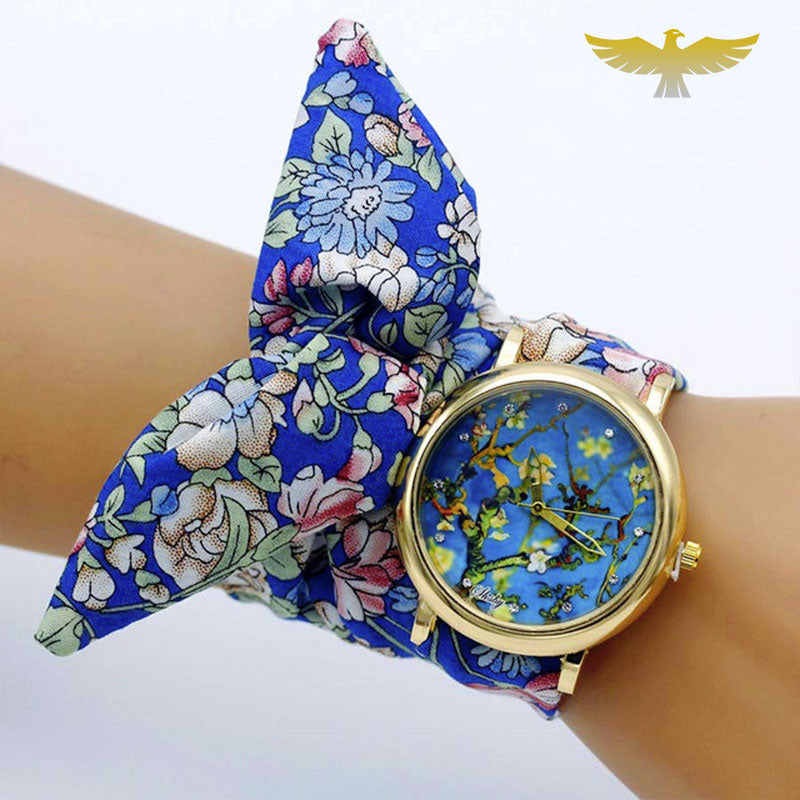 Montre foulard tissu bleu papillon